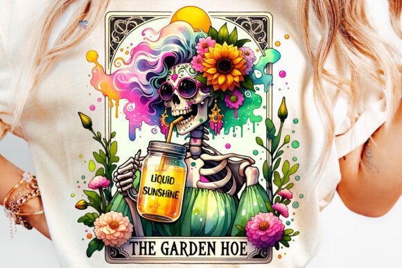 The Garden Hoe Tarot Card PNG: Sassy Skeleton & Tropical Clipart